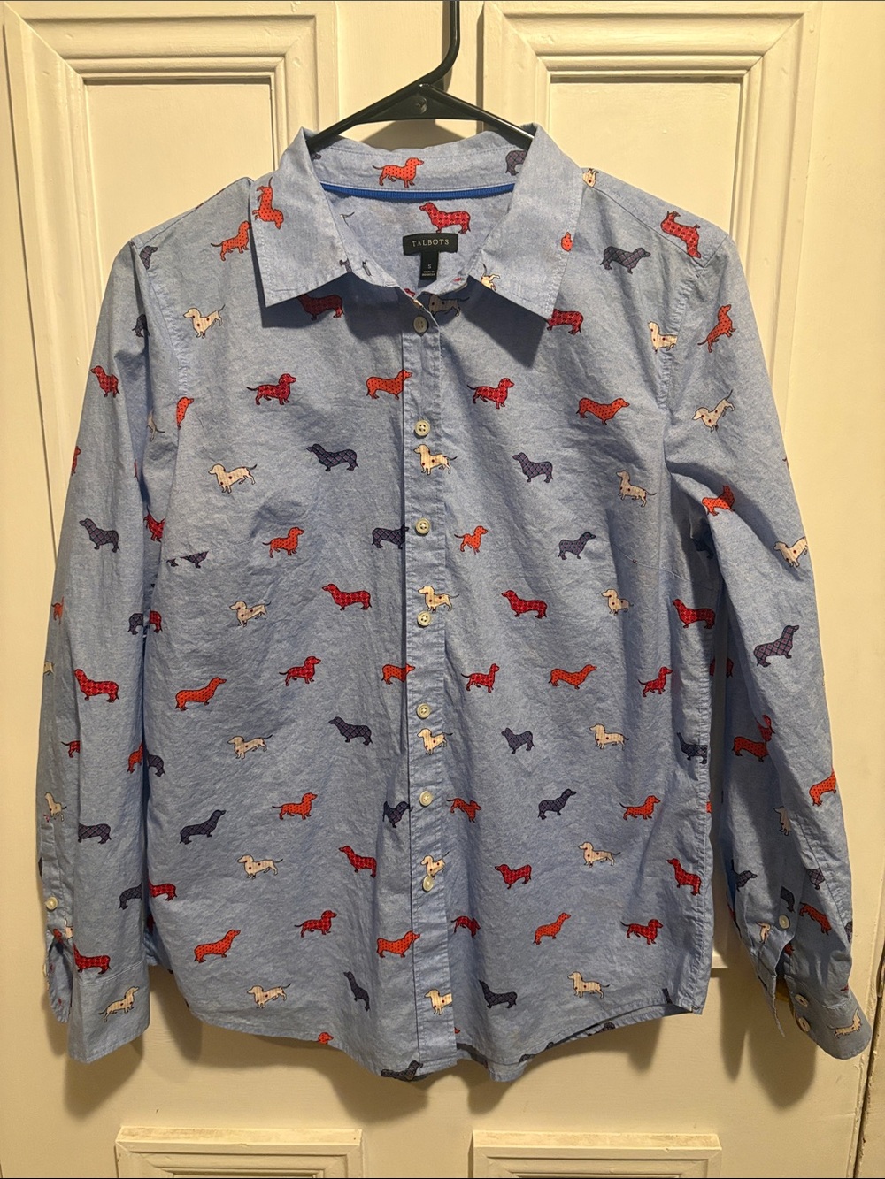 Talbots Light Blue Button-Down Shirt with Red, Navy & Cream Dachshund Print